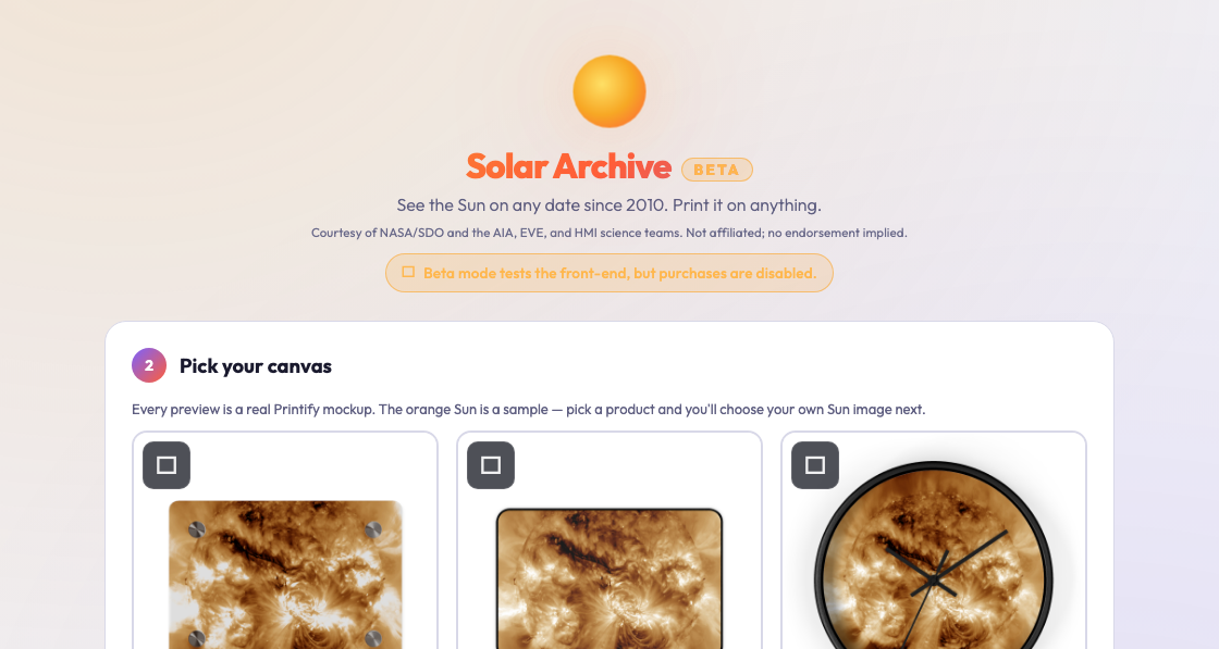 The My Heliogram print store: pick a canvas of the Sun
